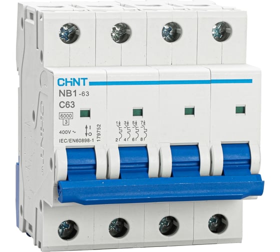 Автоматический выключатель CHINT NB1-63, 4P, 63A, 6кА, характеристика C 179752