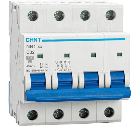 Автоматический выключатель CHINT NB1-63, 4P, 32A, 6кА, характеристика C 179747