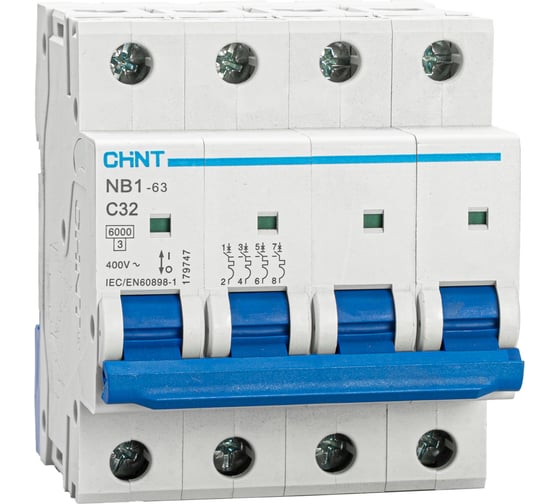 Автоматический выключатель CHINT NB1-63, 4P, 32A, 6кА, характеристика C 179747