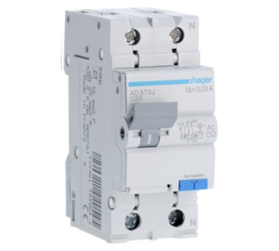 Дифференциальный автоматический выключатель Hager 1P+N, 4.5kA, C-20A, 30mA, AC 2086293 1