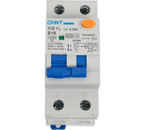 Дифференциальный автоматический выключатель CHINT, NB1L, 1P+N, B16, 30mA, тип AC, 10kA, 36mm 203099 1