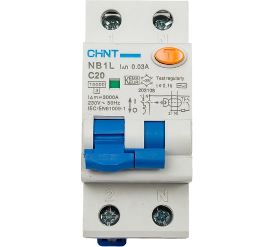 Дифференциальный автоматический выключатель CHINT, NB1L, 1P+N, C20, 30mA, тип AC, 10kA, 36mm 203108
