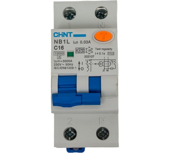 Дифференциальный автоматический выключатель CHINT, NB1L, 1P+N, C16, 30mA, тип AC, 10kA, 36mm 203107