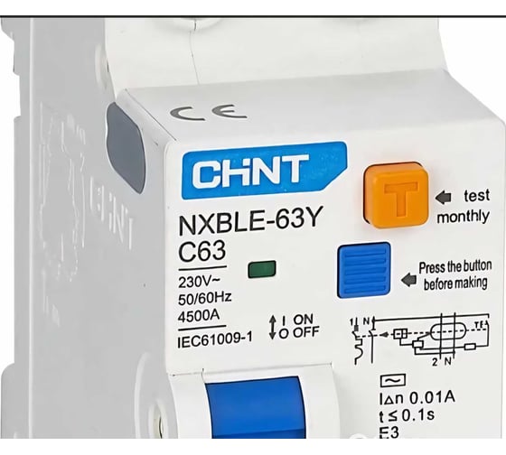Дифференциальный автоматический выключатель CHINT, NXBLE-63Y, 1P+N, 20А, 30mA, электронный тип AС, характеристика С, 4.5kA 105543