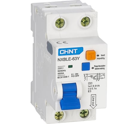 Дифференциальный автоматический выключатель CHINT, NXBLE-63Y, 1P+N, 63А, 30mA, электронный тип AС, характеристика С, 4.5kA 105548