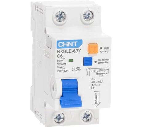 Дифференциальный автоматический выключатель CHINT, NXBLE-63Y, 1P+N, 6А, 30mA, электронный тип AС, характеристика С, 4.5kA 105540