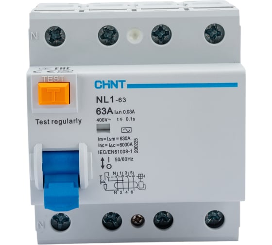 Устройство защитного отключения CHINT NL1-63 6kA 4P 63A 30mA тип AC 200225