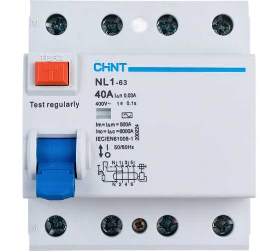 Устройство защитного отключения CHINT NL1-63 6kA 4P 40A 30mA тип AC 200224
