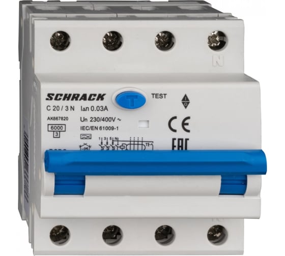 Дифференциальный автоматический выключатель Schrack Technik тип A, 6P, 3P+N, A, 20A/30mA, 4М AK667820 1