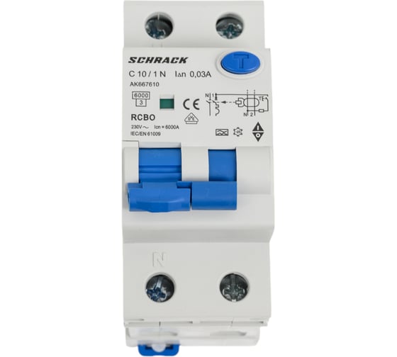 Дифференциальный автоматический выключатель Schrack Technik тип A, 6кА, 1P+N, С, 10A/30mA AK667610 1