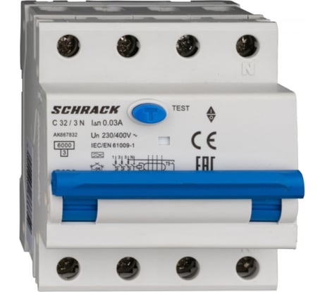 Дифференциальный автоматический выключатель Schrack Technik тип A, 6P, 3P+N, A, 32A/30mA, 4М AK667832