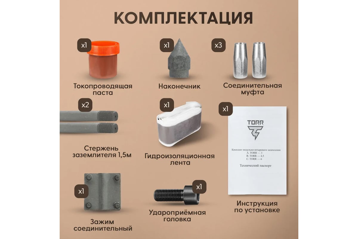 Комплект заземления TORR, KS-0190, 3 метра для загородного дома, готовый к  установке, оцинкованная сталь 6151029