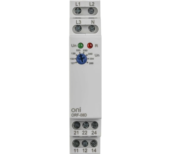 Реле контроля фаз ONI ORF-08D 3 фазы 2 контакта 127-265В AC с контролем нейтрали ORF-08D-127-265VAC