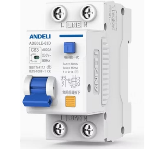 Дифференциальный автоматический выключатель ANDELI ADB3LE-63D 1P+N 16А 30mA электромеханический тип AС, тип С, 6kA (R) ADL01-602