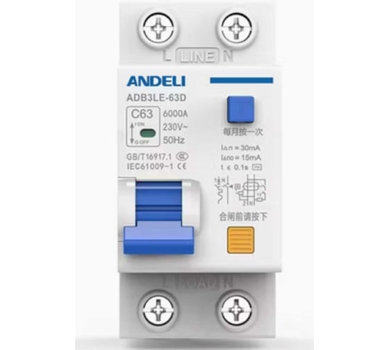 Дифференциальный автоматический выключатель ANDELI ADB3LE-63D 1P+N 16А 30mA электромеханический тип AС, тип С, 6kA (R) ADL01-602