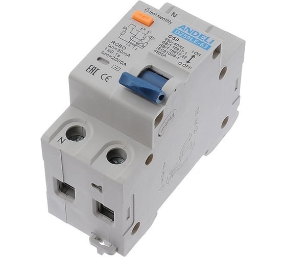Дифференциальный автоматический выключатель ANDELI DZ59LE-63 1P+N 50A 30mA тип С 4.5kA ADL02-057