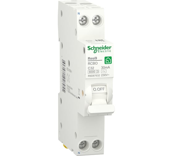 Автоматический выключатель дифференциального тока Systeme Electric RESI9 1P+N С 32А 6000А 30мА 18мм R9D87632 1