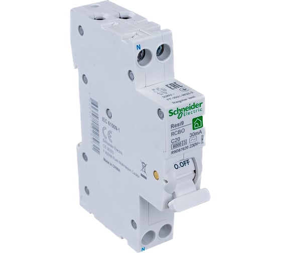 Автоматический выключатель дифференциального тока Systeme Electric RESI9 ДИФ 1P+N С 20А 6000A 30мА 18mm тип AC R9D87620