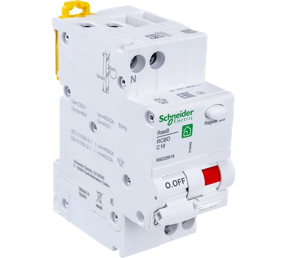 Автоматический выключатель дифференциального тока Systeme Electric RESI9 ДИФ 1P+N С 16А 6000A 30мА тип AС R9D25616
