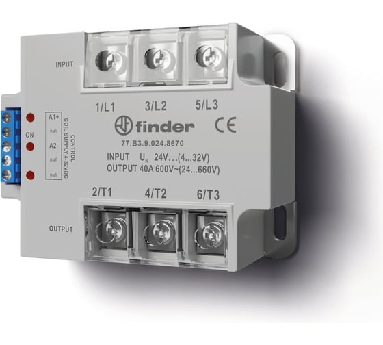 Трехфазные твердотельное реле Finder выход 3NO 40А (24…660В АС); питание 24В DC; Функция Мгновенное включение; монтаж на панель; степень защиты IP20 77B390248671 1