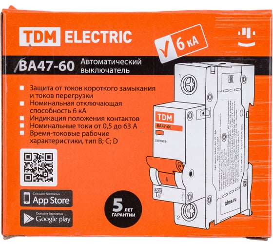 Автоматический выключатель TDM ELECTRIC ВА47-60, 1Р, 16А, 6кА, характеристика В SQ0223-0010