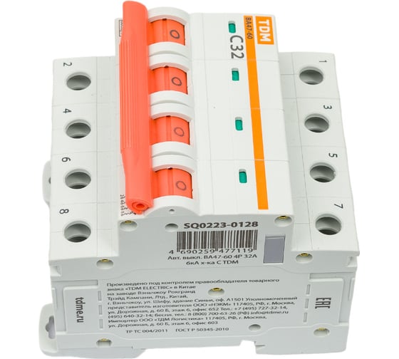 Автоматический выключатель TDM ELECTRIC ВА47-60, 4Р, 32А, 6кА, характеристика С SQ0223-0128