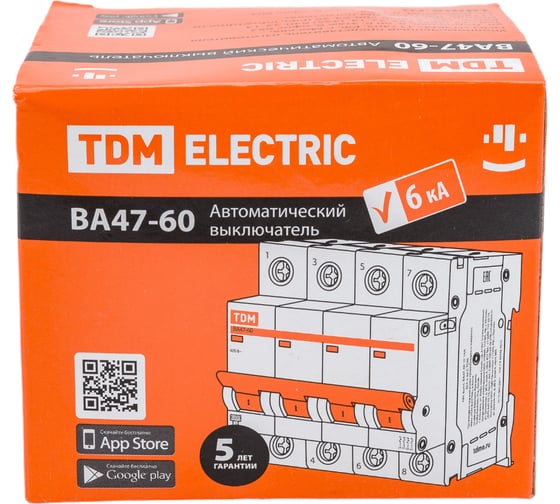 Автоматический выключатель TDM ELECTRIC ВА47-60, 4Р, 63А, 6кА, характеристика С SQ0223-0131