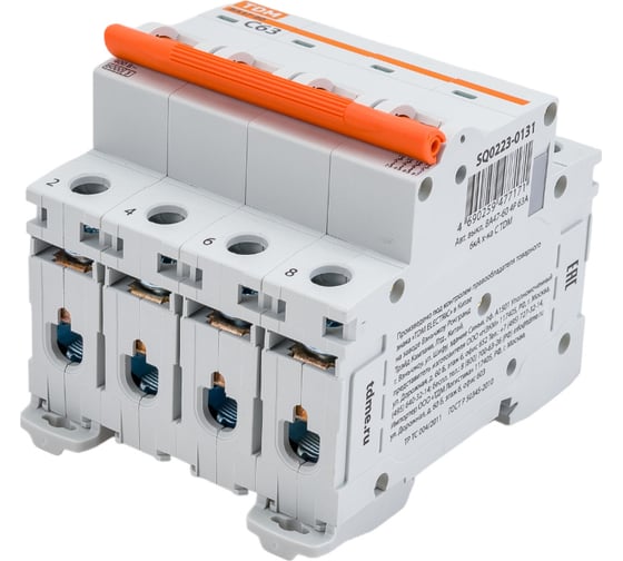 Автоматический выключатель TDM ELECTRIC ВА47-60, 4Р, 63А, 6кА, характеристика С SQ0223-0131