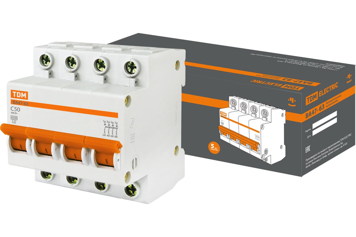 Автоматический выключатель TDM ВА47-63, 4Р, 50А, 4,5кА, характеристика ...