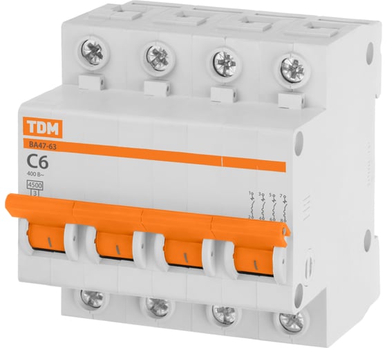Автоматический выключатель TDM ELECTRIC ВА47-63 4Р 6А 4,5кА х-ка С SQ0218-0028