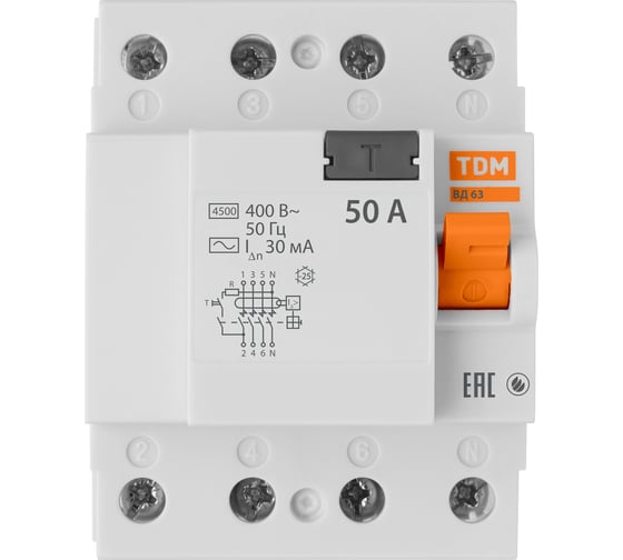 Устройство защитного отключения TDM ELECTRIC ВД63 4Р 50А 30мА электронное SQ0220-0011