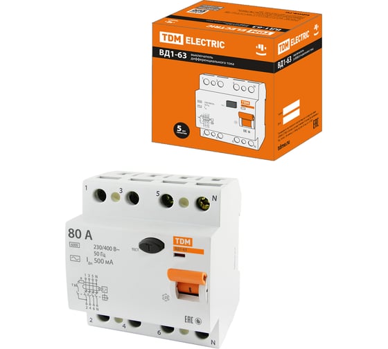 Устройство защитного отключения TDM ELECTRIC ВД1-63 4Р 80А 500мА SQ0203-0101 1