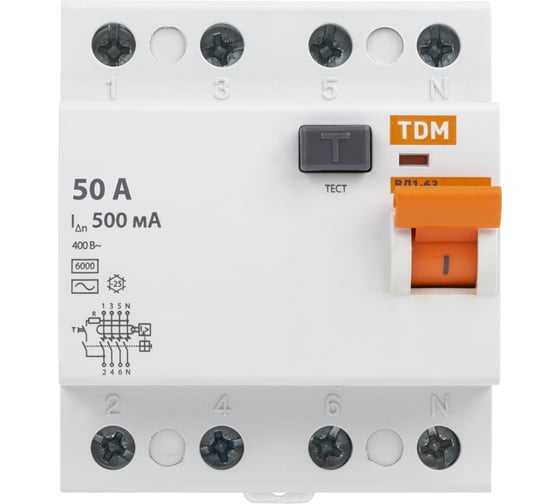 Устройство защитного отключения TDM ELECTRIC ВД1-63 4Р 50А 500мА SQ0203-0099