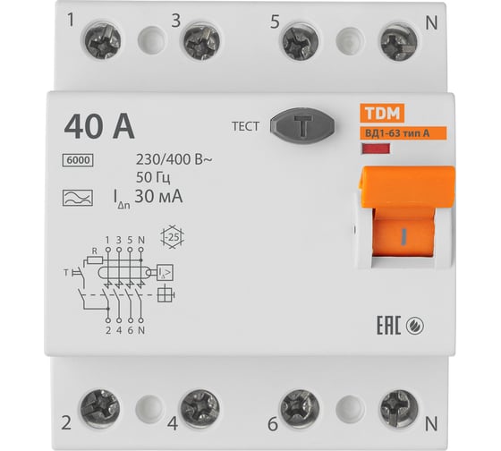 Устройство защитного отключения TDM ELECTRIC ВД1-63 4Р 40А 30мА тип А SQ0203-0087