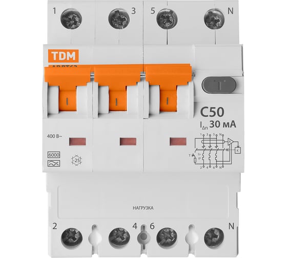 Автоматический выключатель дифференциального тока TDM 63 4P3Р+N C50 30мА 6кА тип А SQ0202-0052