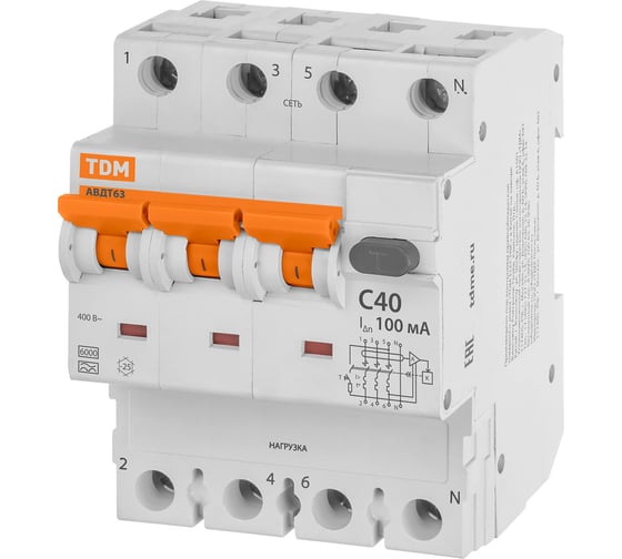 Автоматический выключатель дифференциального тока TDM ELECTRIC 63 4P3Р+N C40 100мА 6кА тип А SQ0202-0024