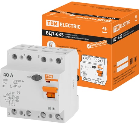 Устройство защитного отключения TDM ELECTRIC ВД1-63S 4Р 40А 300мА SQ0203-0069
