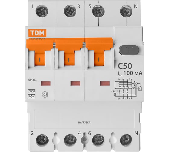 Автоматический выключатель дифференциального тока TDM 63 4P3Р+N C50 100мА 6кА тип А SQ0202-0053