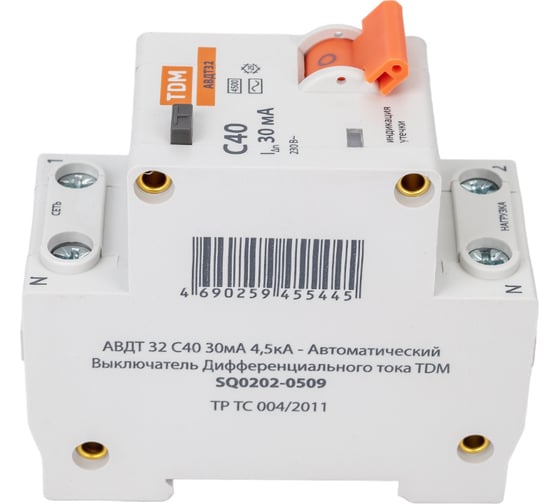 Автоматический выключатель дифференциального тока TDM ELECTRIC 32 2P1P+N C40А 30мА 4,5кА тип АС SQ0202-0509