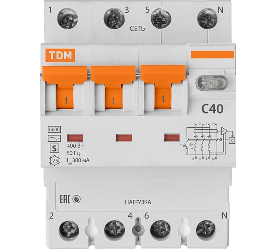 Автоматический выключатель дифференциального тока TDM 63S 4P3P+N C40 300мА 6кА тип АС SQ0202-0047