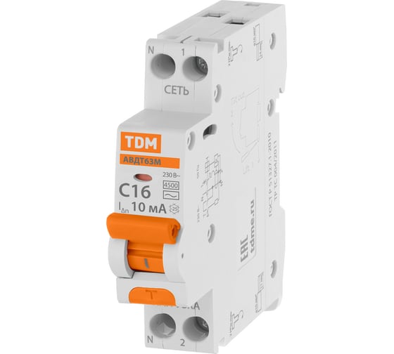Автоматический выключатель дифференциального тока TDM 63М 2P1P+N C16 10мА 4,5кА тип АС SQ0202-0064