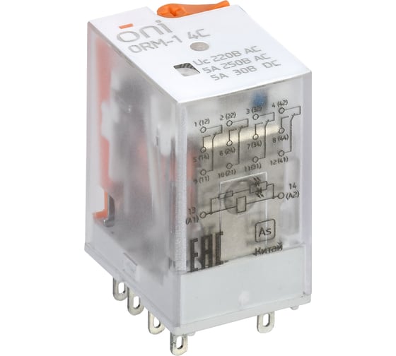 Реле интерфейсное ONI ORM-1 4C 220В AC с LED и тест. кнопкой (20шт/упак) ORM-1-4C-AC220V-L-B 1