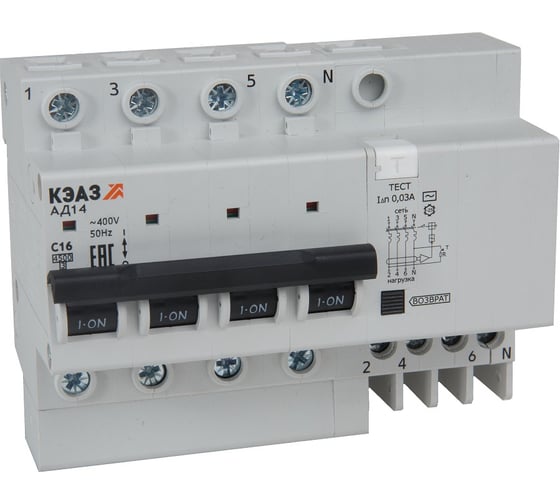 АВДТ КЭАЗ с защитой от сверхтоков АД14-44C50-АC-УХЛ4 (4P, C50, 300mA) 4,5кА- 318773 1