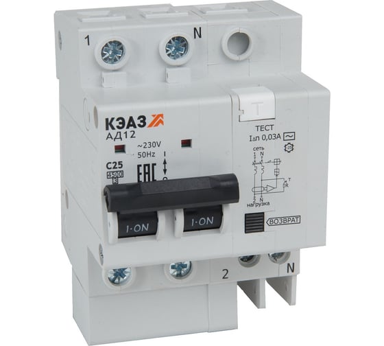 АВДТ КЭАЗ с защитой от сверхтоков АД12-24C25-АC-УХЛ4 (2P, C25, 300mA) 4,5кА- 318381