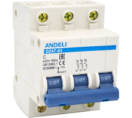 Автоматический выключатель ANDELI DZ47-63/3P 1A, 4,5kA тип C ADL01-085