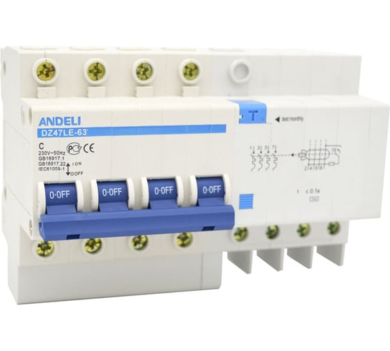 Дифференциальный автомат ANDELI DZ47LE-32 4P, 25A, 30mA, тип AC, характеристика С ADL02-012