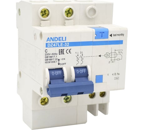 Дифференциальный автомат ANDELI DZ47LE-32 2P, 20A, 30mA, тип AC, характеристика С ADL02-003