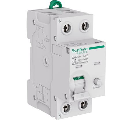 Автоматический выключатель дифференциального тока (АВДТ) Systeme Electric Systeme9 1 P+N, хар-ка C, 16 A, 6 kA, 100 мА, Тип-A, 230 В S9D57616
