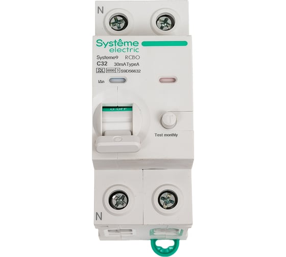 Автоматический выключатель дифференциального тока (АВДТ) Systeme Electric Systeme9 1 P+N, хар-ка C, 32 A, 6 kA, 30 мА, Тип-A, 230 В S9D56632