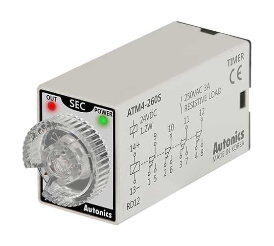 Аналоговый таймер Autonics ATM4-260S, миниатюрный, 4PDT конт., 6-60с/6-60мин, 24В A1050000179R